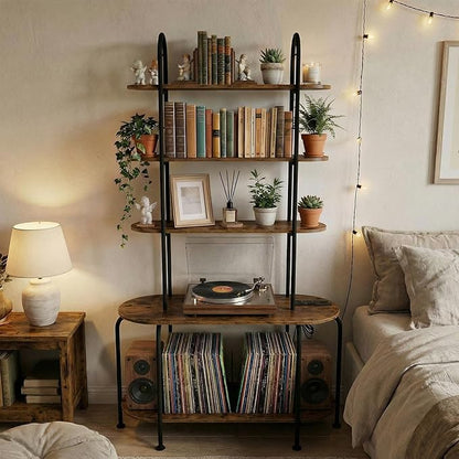 5-Tier CD Storage Rack, Record Player Stand with Storage, DVD Organizer Shelf with Adjustable Book Stoppers, Media Storage Rack for CD/DVD, Books, Games, for Living Room, Bedroom, Home Office, Rustic