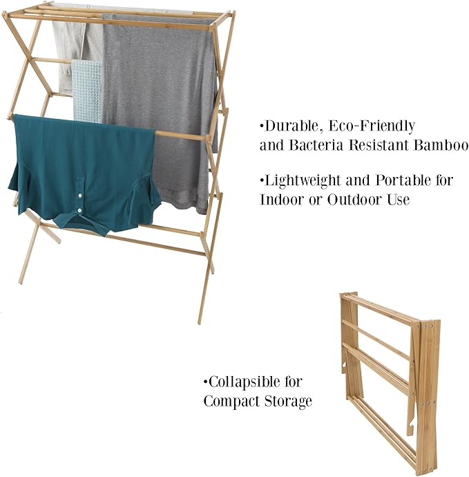 Lavish Home Bamboo Clothes Drying Rack, Folding Portable Clothesline, Collapsible Laundry Rack for Indoor or Outdoor, Compact & Eco-Friendly