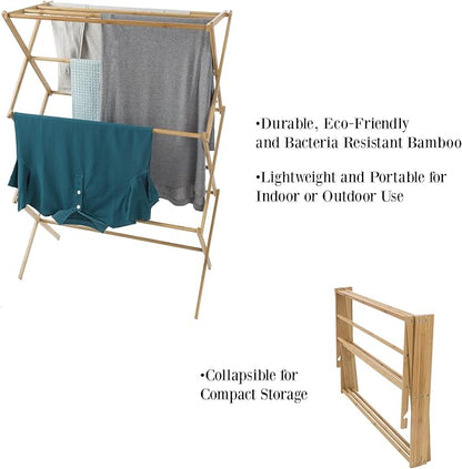 Lavish Home Bamboo Clothes Drying Rack, Folding Portable Clothesline, Collapsible Laundry Rack for Indoor or Outdoor, Compact & Eco-Friendly