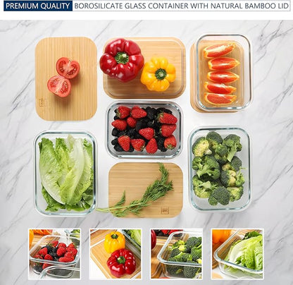 DE Glass Food Storage Containers with Bamboo Lids, (4, Pack 2 x 35oz & 2 x 51oz) Pack Meal Prep Glass Containers Safe for Microwave, Oven, Freezer and Dishwasher, BPA Free
