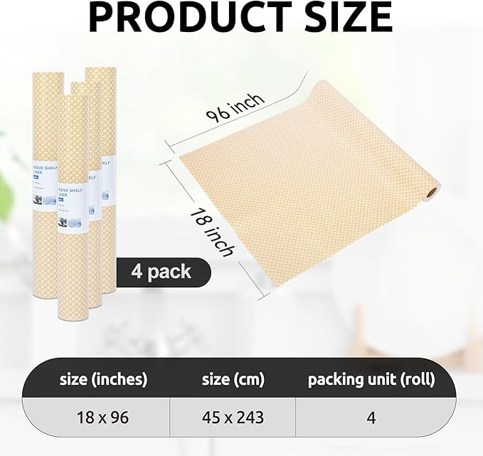 RAY STAR 18X96 Inch Shelf Liner for Kitchen Cabinets, Non-Adhesive Cabinet Liner Washable, PVC Drawer Liner for Dresser Non-Slip Bathroom (Yellow Circle)(4 Roll)
