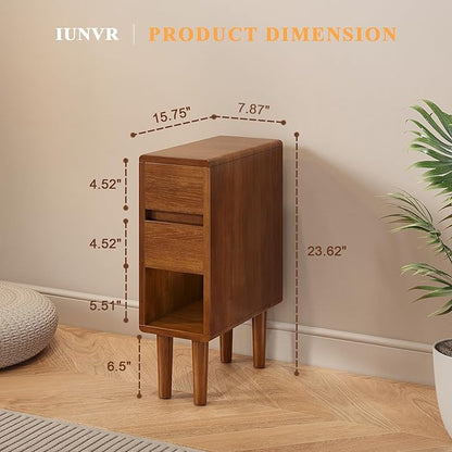 Narrow Nightstand 2 Drawers with Open Shelf Narrow Night Stand Solid Wood Bedside Table Mid Century Modern Nightstand Wooden End Table for Bedroom, Living Room, Study, Office