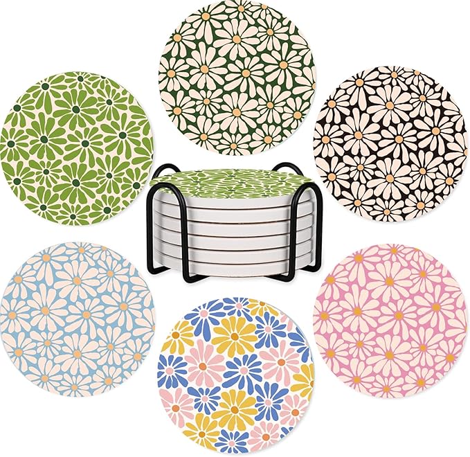 SHIYUE 6 Pack Flower Coasters with Holder, Absorbent Ceramic Coasters, Drinks Coffee Table Home Decor Housewarming Gift, 4 Inches(Colorful)