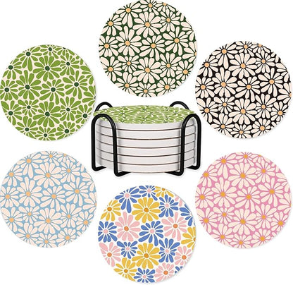 SHIYUE 6 Pack Flower Coasters with Holder, Absorbent Ceramic Coasters, Drinks Coffee Table Home Decor Housewarming Gift, 4 Inches(Colorful)