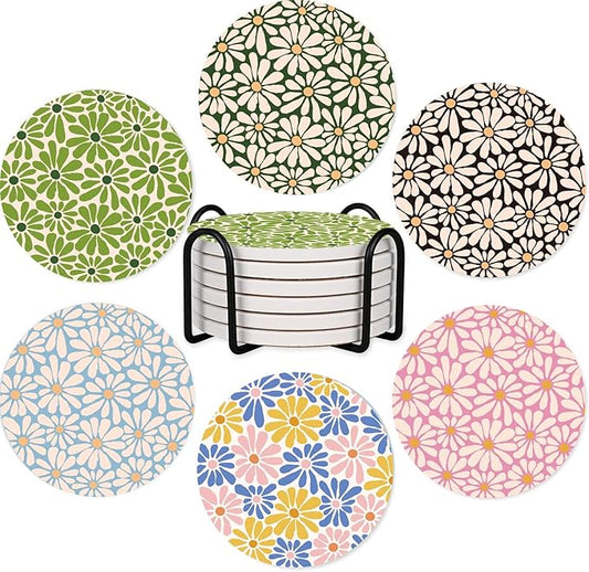 SHIYUE 6 Pack Flower Coasters with Holder, Absorbent Ceramic Coasters, Drinks Coffee Table Home Decor Housewarming Gift, 4 Inches(Colorful)