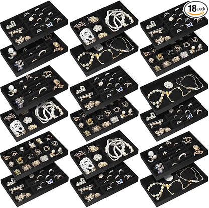 Junkin 18 Pcs Velvet Jewelry Tray Stackable Jewelry Drawer Organizer Jewellery Box Divided Display Tray for Earring Bangle(Black)