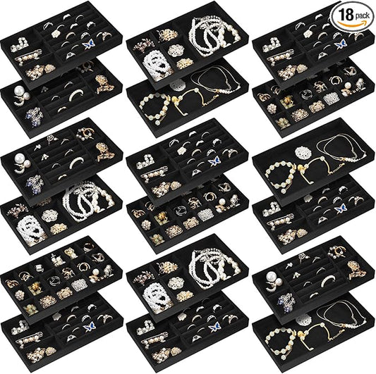 Junkin 18 Pcs Velvet Jewelry Tray Stackable Jewelry Drawer Organizer Jewellery Box Divided Display Tray for Earring Bangle(Black)