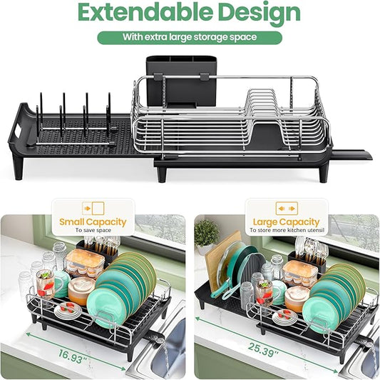 TOOLF Dish Drying Rack - Large Expandable Dish Rack for Kitchen Counter, Stainless Steel Dish Drainer for Kitchen Organization with Cutlery ＆ Cup Holder, Black