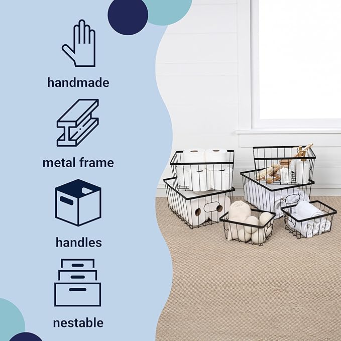 happimess BSK3001A-6SET Camden Vintage Industrial Wire Metal Nesting Storage Baskets for Shelves, Cabinets, Pantry, Countertop, Mesh Open Bin Basket for Organizing Supplies, Black (Set of 6)