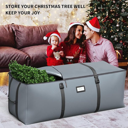 Christmas Tree Storage Bag, Fits Up to 9 Ft Artificial Christmas Tree with Buckle Straps & Dual Zippers & Handles, 600D PVC Durable Waterproof Material Protects from Dust (Grey)