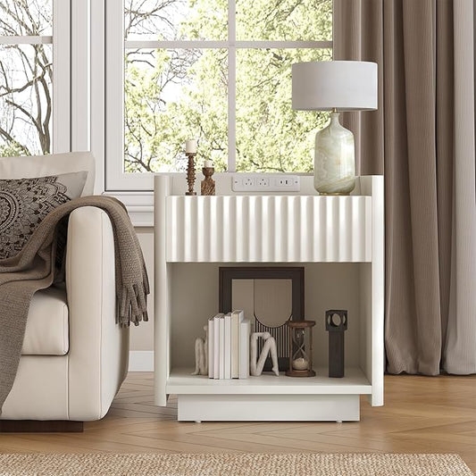 Bigbiglife Fluted Nightstand with Charging Station, 22" Modern Side Table with Drawer End Table with Open Storage, Bedside Table for Bedroom, Living Room, Natural Oak (1, Off White)