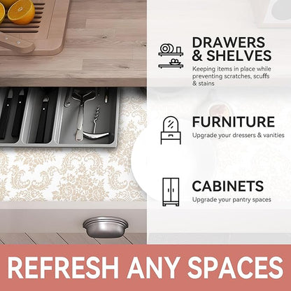 RAY STAR Shelf Liner, Non Adhesive Golden Damask Floral Cabinet Liner for Pantry Drawer, Strong Grip Non Slip Waterproof, Shelf Liners for Kitchen Cabinets Organization 18 Inch x 8 FT (3 Rolls)
