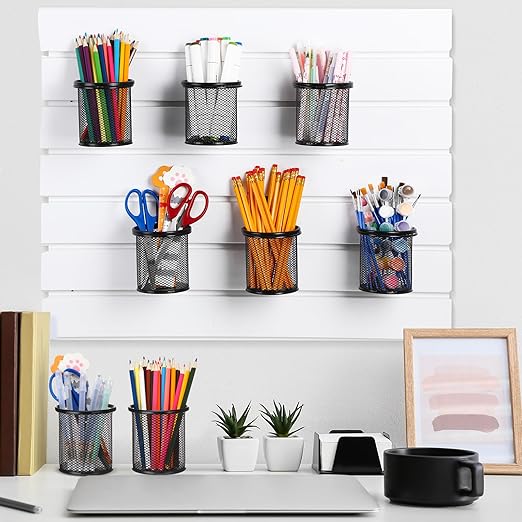 6 Set Slatwall Cup with Hook Black Metal Slatwall Bin Pencil Mesh Wire Holder Slat Wall Accessories for Organizing Various Tools, Garage Home Workshop Office (Round)