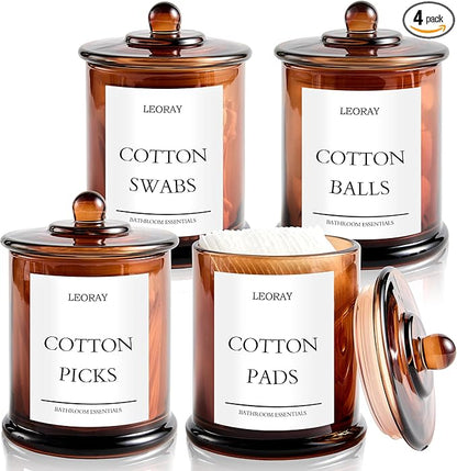 LEORAY 4 Pack Glass Qtip Holder Dispenser with Lids, Airtight Waterproof, 16 Oz Vanity Organizer Bathroom Canisters for Cotton Swabs, Balls, Pads, Floss Picks, Restroom Kitchen Storage Jars, Amber
