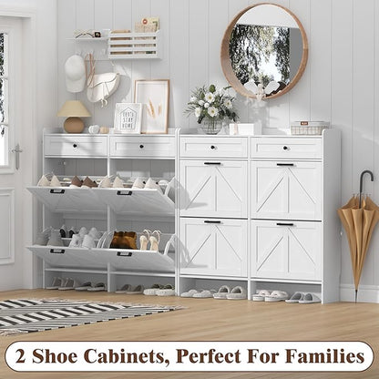 Shoe Cabinet with 4 Flip Drawers & 2 Storage Drawers, Rustic Farmhouse Narrow Shoe Organizer Cabinet, Slim Shoe Rack Cabinet, Shoe Storage Cabinet for Entryway, Hallway, Front Door