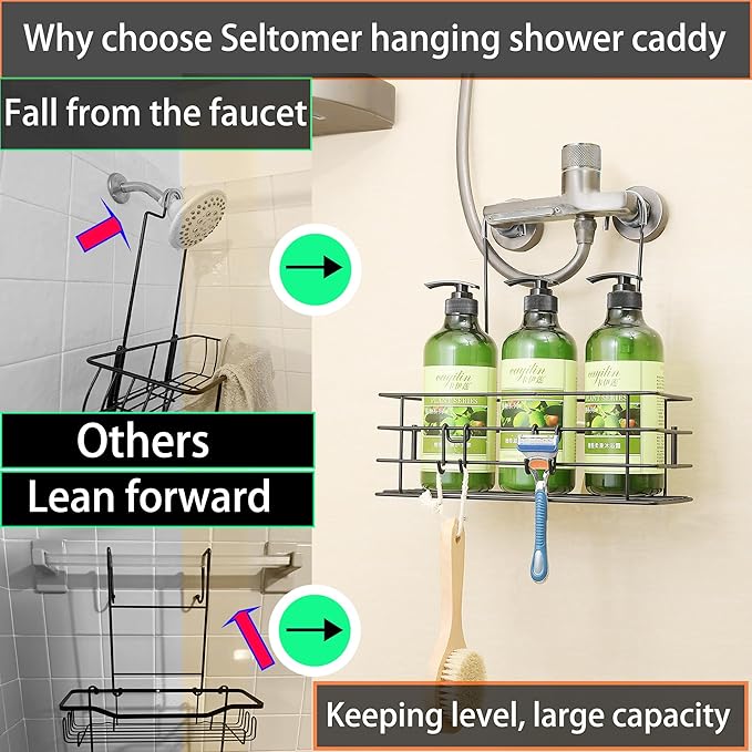 Seltomer Shower Caddy Hanging Shower Orangizer Stainless Steel Shower Rack with Hooks Over The Door, Shampoo Basket Storage (Black)