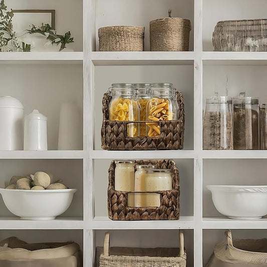 Casafield Set of 2 Water Hyacinth Pantry Baskets with Handles - Espresso, Woven Storage Bin Organizers for Kitchen Shelves, Medium and Large Sizes