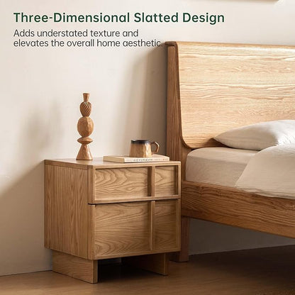 YESWOOD Solid Wood Nightstand, Natural Wood Nightstand with Drawers, Mid Century Modern Nightstands, Wood Bedside Table for Small Space, Boho Night Stand, Fluted Night Stands for Bedroom,18.90" H
