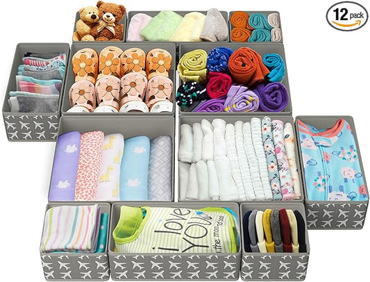 Drawer Organizer – 12 Pack Foldable Gray Fabric Storage Bins with White Airplanes | Baby Clothes, Diapers, Socks & Toys Organizer for Nursery Dresser, Closet & Bedroom Drawers