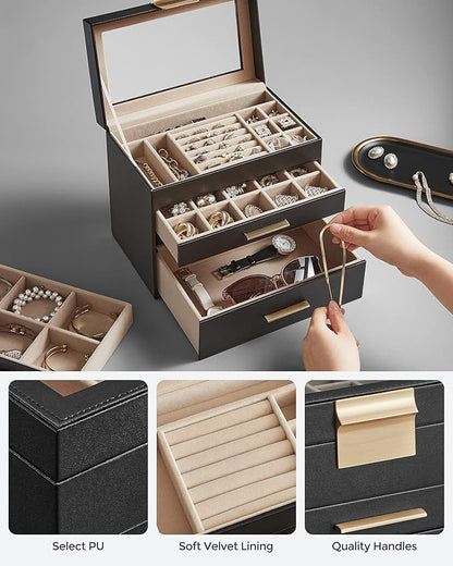 SONGMICS Jewelry Box Organizer with Glass Lid, 4-Layer Jewelry Storage, with 3 Drawers, Modern Style, 6 x 9.9 x 8.5 Inches, Graphite Black and Gold Color UJBC161B02