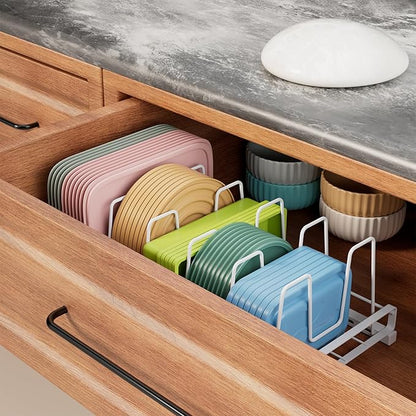 GAGUIUP Food Container Lid Organizer, Adjustable 6 Dividers Full-Metal Pot and Pan Organizer Rack for Kitchen Cabinets, Drawers, Cupboards, Pantry Shelves Storage, White