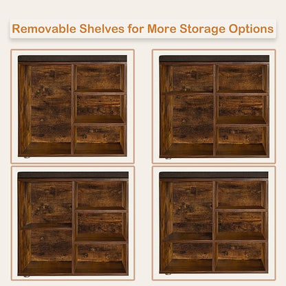 DINZI LVJ Shoe Storage Bench with Cushion, Cubby Rack with 9 Cubbies, Adjustable Shelves, Multifunctional Organizer Bench for Entryway, Mudroom, Hallway, Closet and Garage, Rustic Brown