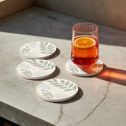 VEYRO Ceramic Coasters Set of 4 – Absorbent Stone Drink Coasters with Holder, Non-Slip Cork Backing, Modern Marble Look Coasters for Coffee Table, Desk & Home Decor