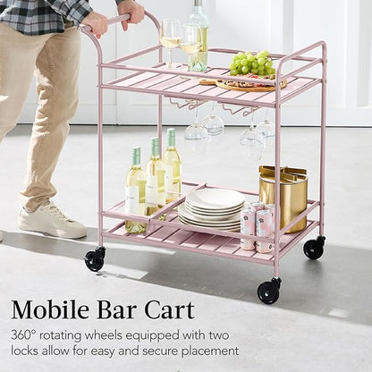 Best Choice Products Rolling Bar Cart, Mobile Home Bar Serving Cart, Serving Station w/ 2 Tier Shelves, Wine Rack, Lockable Wheels - Pink