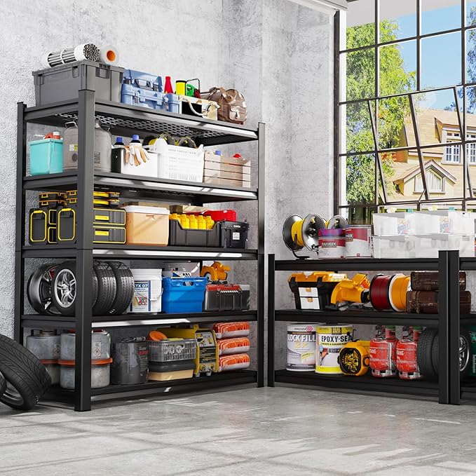 Set of 2 Heavy Duty Garage Shelving 5-Tier Storage Shelves, Adjustable Metal Shelving Unit, Utility Garage Organizer Shelf for Basement, Pantry, Warehouse, Supermarket, 59" W x 19.7" D x 72" H