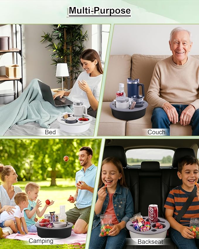 Couch Cup Holder Tray Round, Bonfixe 4-Cups Bedside Drink Holder for Elderly/Pregnancy, Stable Non-Spill Silicone Couch Caddy for Remote Control, Glasses‌, Snacks, Phones‌ (White-Black)