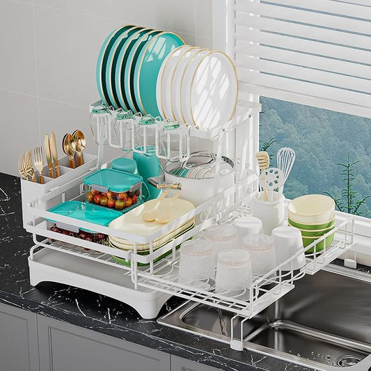 HANLE 2 Tier Large Dish Drying Rack - Extendable Dish Rack, 2-in-1 Anti-Rust Stainless Steel Dishrack for Kitchen Counter and Sink, Dish Strainer with Utensil Holder & Cup Holder(White)