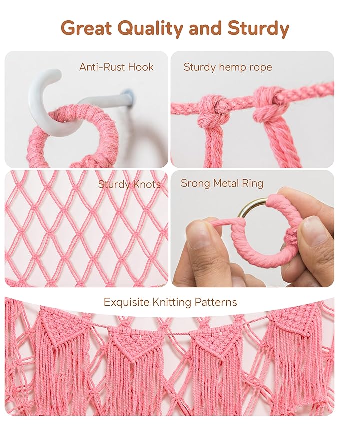 Stuffed Animal Storage Hammock or Net with Lights- Big Wall Hanging Stuff Animal Organizer Holder for Plush Plushie, Boho Macrame Toy Hammock for Girs Kids Bedrooms Playroom Nursery（Pink）