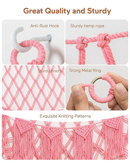 Stuffed Animal Storage Hammock or Net with Lights- Big Wall Hanging Stuff Animal Organizer Holder for Plush Plushie, Boho Macrame Toy Hammock for Girs Kids Bedrooms Playroom Nursery（Pink）