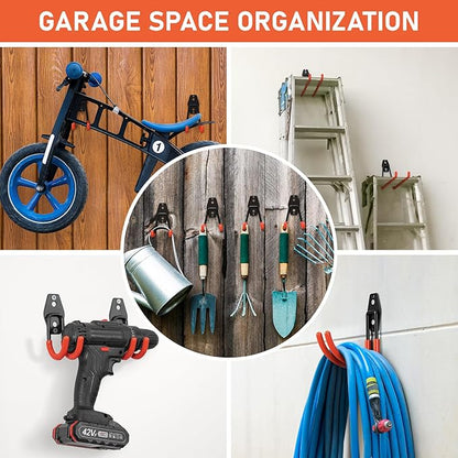 30 Pack Garage Hooks Heavy Duty, Rust-Resistant Solid Steel Wall Mount Hangers for Hanging Ladders & Bikes, Non-Slip PVC Coating Tool Organizer, 5 Sizes U & J Shapes + 2 Straps