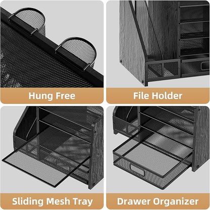 Marbrasse Desk Organizer with File Holder, 5-Tier Paper Letter Tray Organizer with Drawer and 2 Pen Holder, Mesh Desktop Organizer and Storage with Magazine Holder for Office Supplies (Wood-Black)