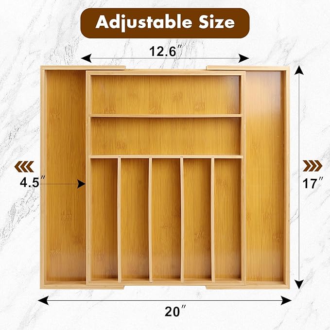Bamboo Drawer Organizer, Expandable Flatware Cutlery Tray, 9 Slots Adjustable Kitchen Utensil Drawer Dividers Silverware Tray Holder for Spoons, Forks, Knives (Natural)