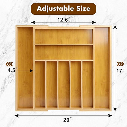 Bamboo Drawer Organizer, Expandable Flatware Cutlery Tray, 9 Slots Adjustable Kitchen Utensil Drawer Dividers Silverware Tray Holder for Spoons, Forks, Knives (Natural)