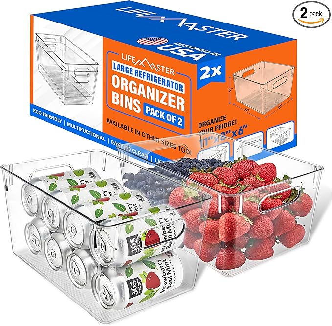 Lifemaster Stackable Refrigerator Bins - Set of 2 Large Capacity Organizers with Easy Grip Handles - Clear and Versatile for Kitchen Storage