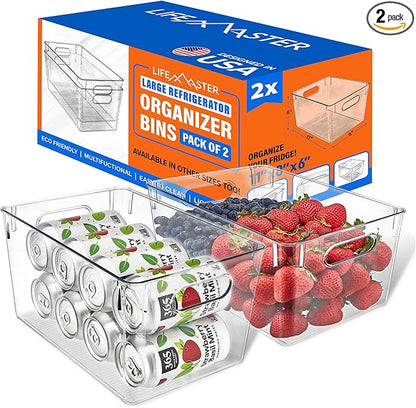Lifemaster Stackable Refrigerator Bins - Set of 2 Large Capacity Organizers with Easy Grip Handles - Clear and Versatile for Kitchen Storage