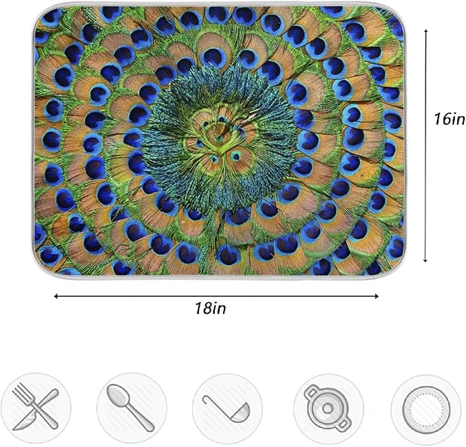 ZzWwR Beautiful Peacock Feathers Absorbent Dish Drying Mat Microfiber Kitchen Countertop Table Protector Multi-Purpose Counter Rack Sink Drainer Pad (16" x 18")