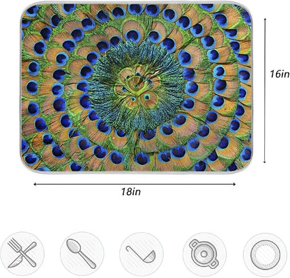 ZzWwR Beautiful Peacock Feathers Absorbent Dish Drying Mat Microfiber Kitchen Countertop Table Protector Multi-Purpose Counter Rack Sink Drainer Pad (16" x 18")