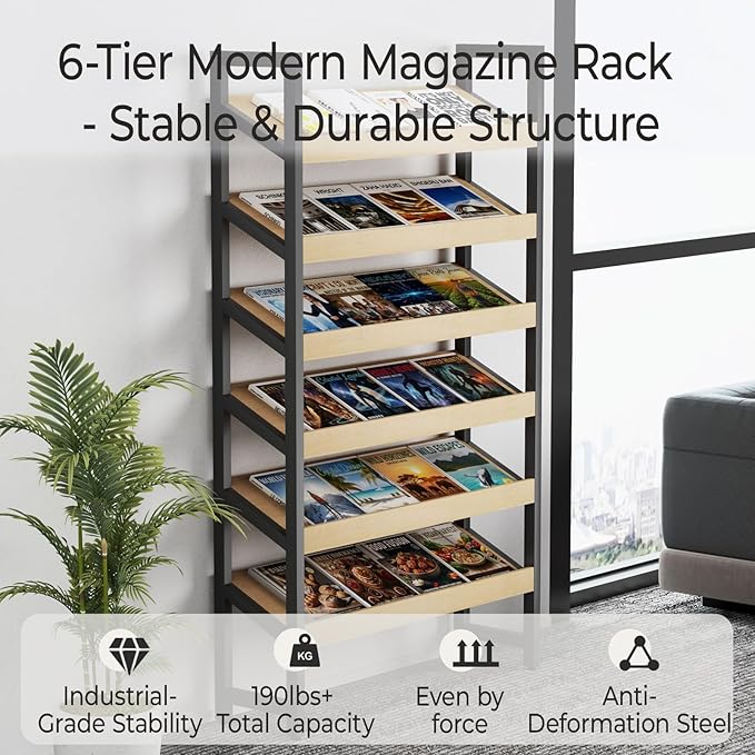 Floor-Standing Magazine Rack 6 tier, Newspaper Holder 38° Slant, Book Display Shelf, Brochure Display Stand for Exhibitions Shopping Malls Hospitals Offices School (Black)