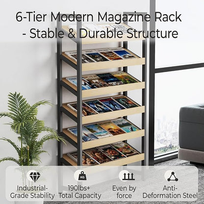 Floor-Standing Magazine Rack 6 tier, Newspaper Holder 38° Slant, Book Display Shelf, Brochure Display Stand for Exhibitions Shopping Malls Hospitals Offices School (Black)