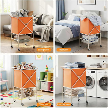 Convenient Laundry Basket with Wheels,36" High Easy Rolling Laundry Cart with Wheels,Heavy Duty Dirty Clothes Laundry Hamper with Handles Removable Bag for Seniors,Folding Metal Frame/Orange/98L