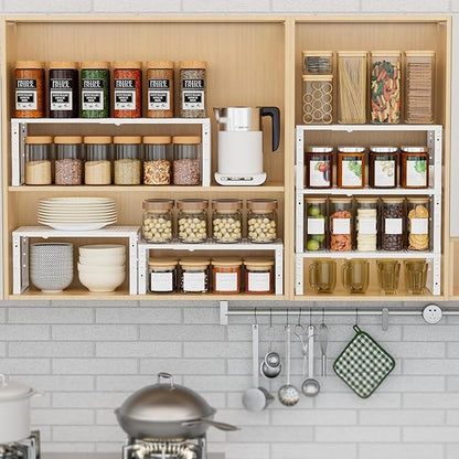 Expandable Spice Rack Kitchen Cabinet Shelf Organizer, Stackable Storage Shelves Racks, Adjustable Counter Shelving for Cabinets, Countertop, Cupboard,Pantry and More(2Packs/White/Medium)
