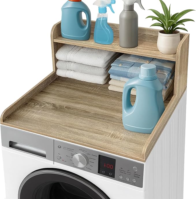 Royxen Washer Dryer Countertop with Shelf,2-Tier Laundry Countertop for Single Washer and Dryer,Soild Wood Core Washer Dryer Topper for Laundry Room Organization(White Oak)