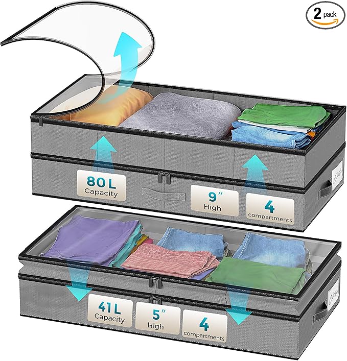 【4 compartments】2 Pack Under Bed Storage, Double Layer Extensible Underbed Storage Containers,Dust-free Clothes Storage Bins with Sturdy Sidewalls/Bottom,PVC Clear Window for Shoes Storage Organizer
