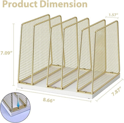 Gold Desk File Organizer, 5-Section Upright File Sorter, Vertical File Folder Holder, Mesh Metal Wood Office Desktop Organization for Document, Magazine, Books and more (White and Gold)