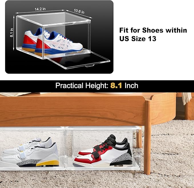 3BBYJL 12 Pack Plastic Shoe Storage Boxes Fit US Size 13, Clear Stackable Shoe Display Case with Acrylic Magnetic Side Door, Shoe Containers for Sneaker Storage, Hats, Figure, Collectible