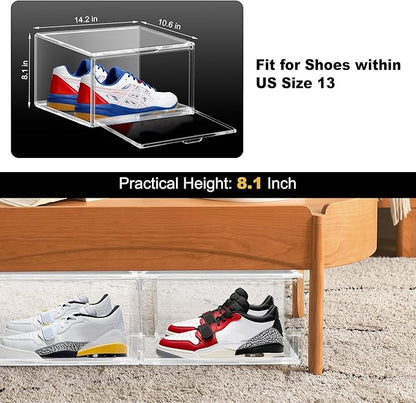 3BBYJL 12 Pack Plastic Shoe Storage Boxes Fit US Size 13, Clear Stackable Shoe Display Case with Acrylic Magnetic Side Door, Shoe Containers for Sneaker Storage, Hats, Figure, Collectible